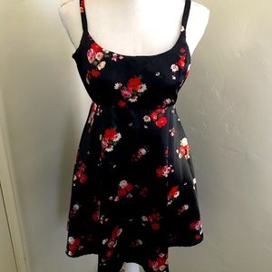 Satin Black Flower Swing Dress